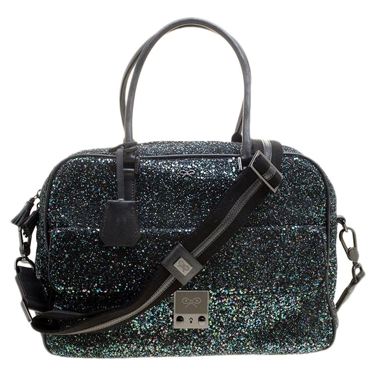 Anya Hindmarch Black Glitter and Leather Carker Boston Bag