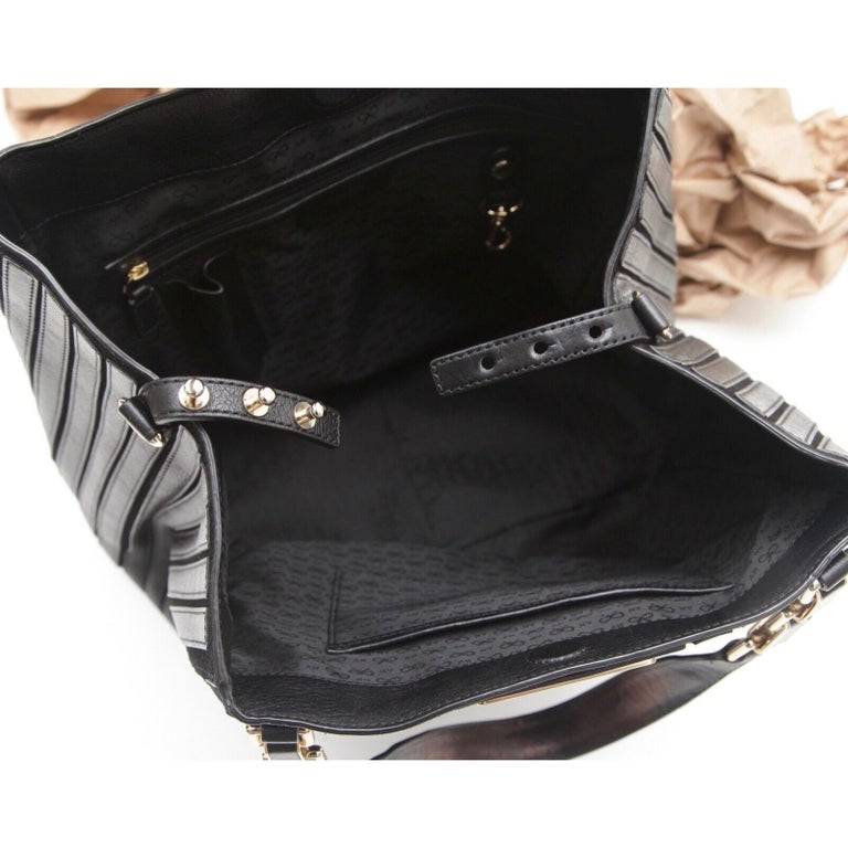 ANYA HINDMARCH Shoulder Bag Black Leather Suede BELVEDERE Hobo Gold Canvas Strap
