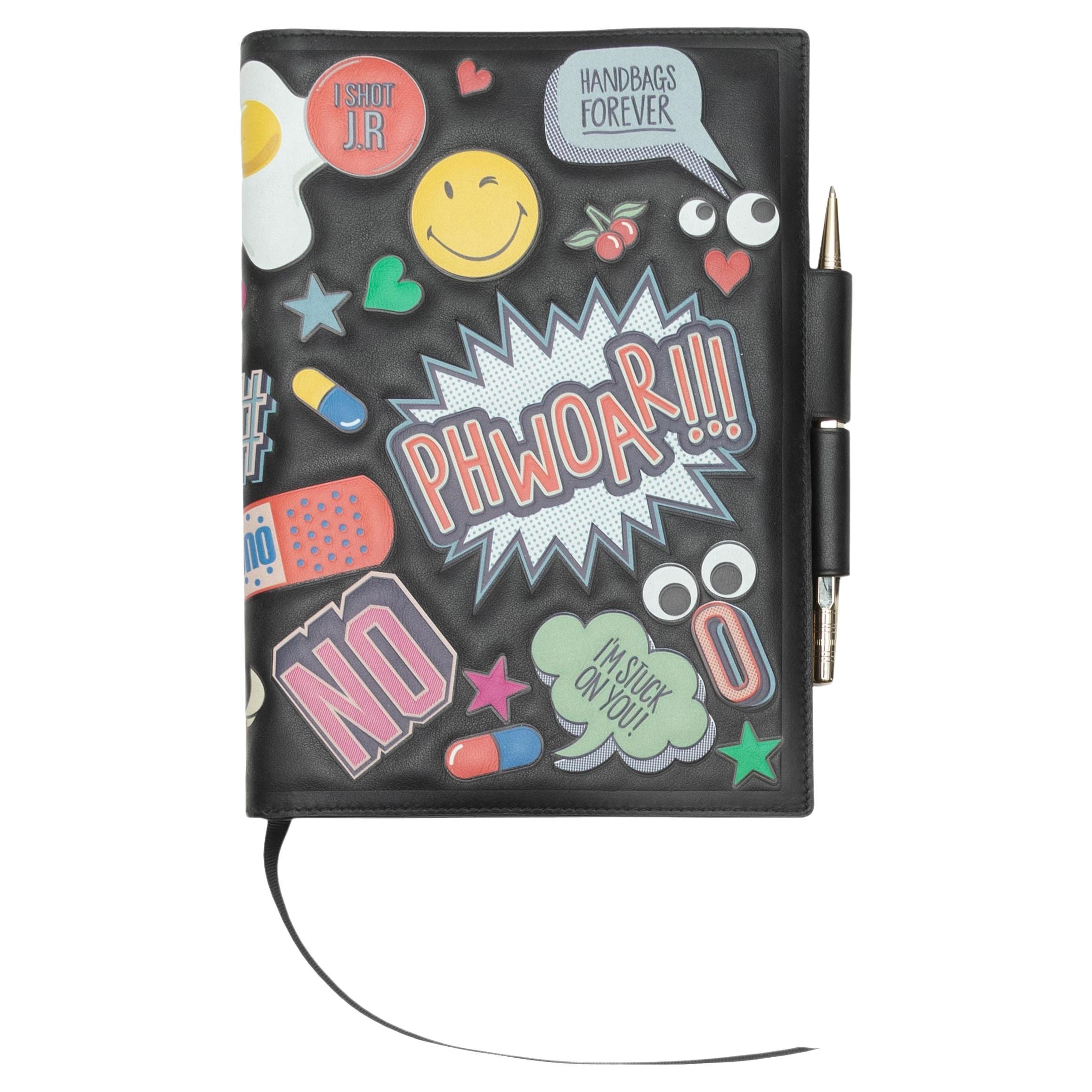 Anya Hindmarch Black & Multicolor Sticker Print Leather Journal