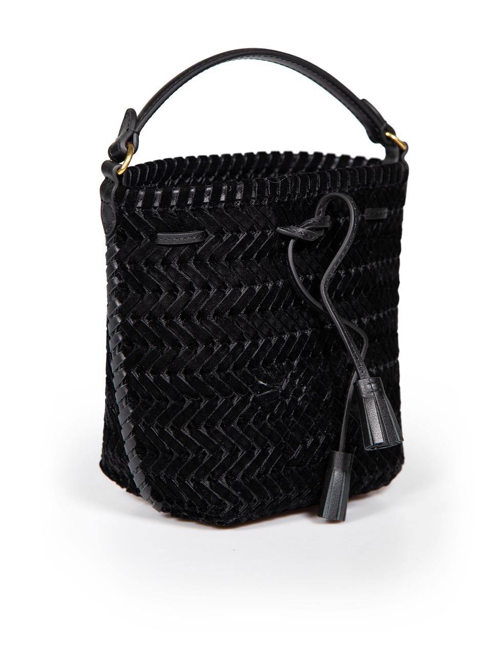 CONDITION is Very good. Hardly any visible wear to bag is evident on this used Anya Hindmarch designer resale item.
 
 
 
 Details
 
 
 Black
 
 Velvet
 
 Mini bucket bag
 
 Woven detail
 
 Gold tone hardware
 
 1x Leather top handle
 
 1x Rainbow