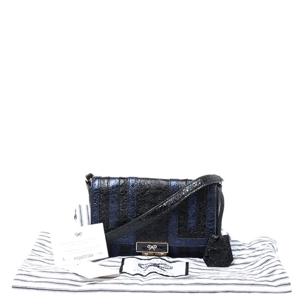 Anya Hindmarch Blue/Black Textured Stripe Leather Flap Crossbody Bag 5