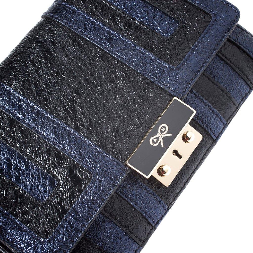 Anya Hindmarch Blue/Black Textured Stripe Leather Flap Crossbody Bag In Good Condition In Dubai, Al Qouz 2