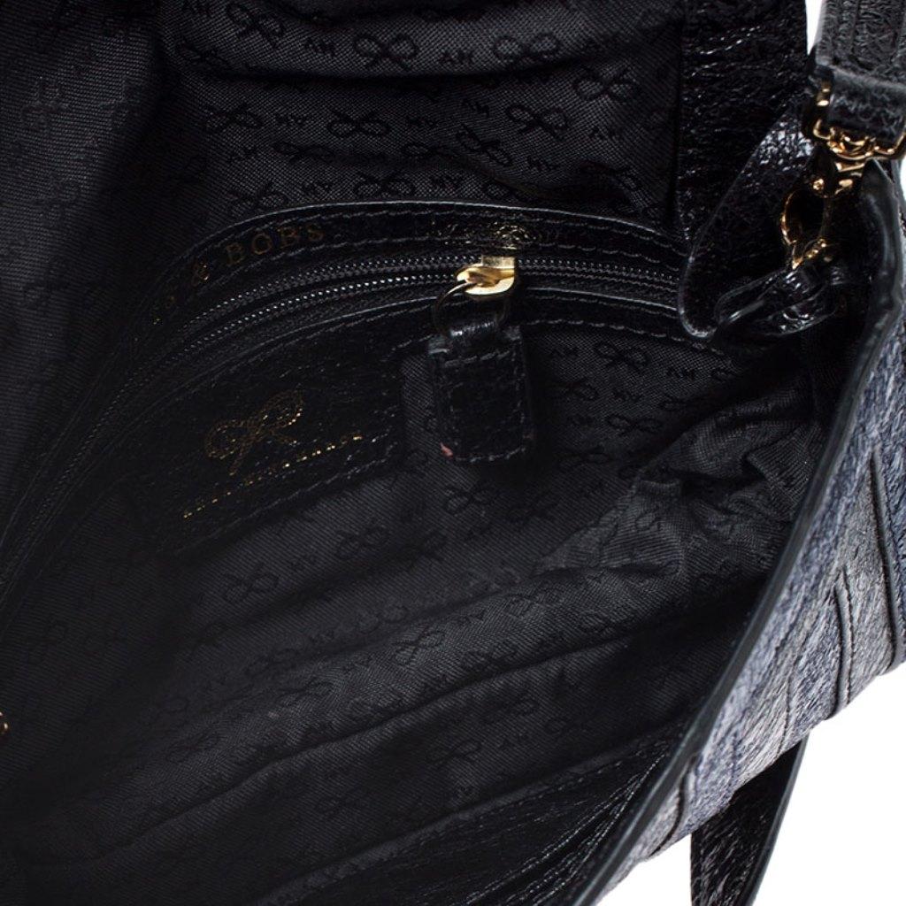 Women's Anya Hindmarch Blue/Black Textured Stripe Leather Flap Crossbody Bag