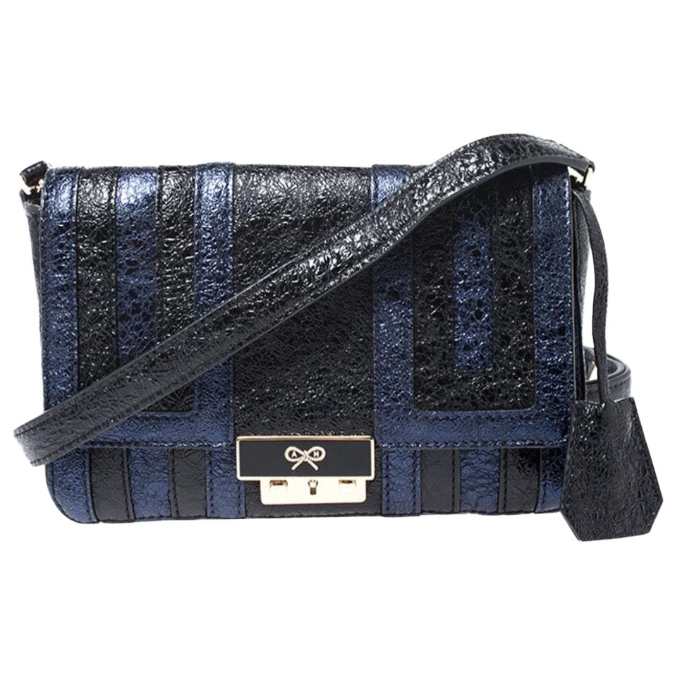 Anya Hindmarch Blue/Black Textured Stripe Leather Flap Crossbody Bag