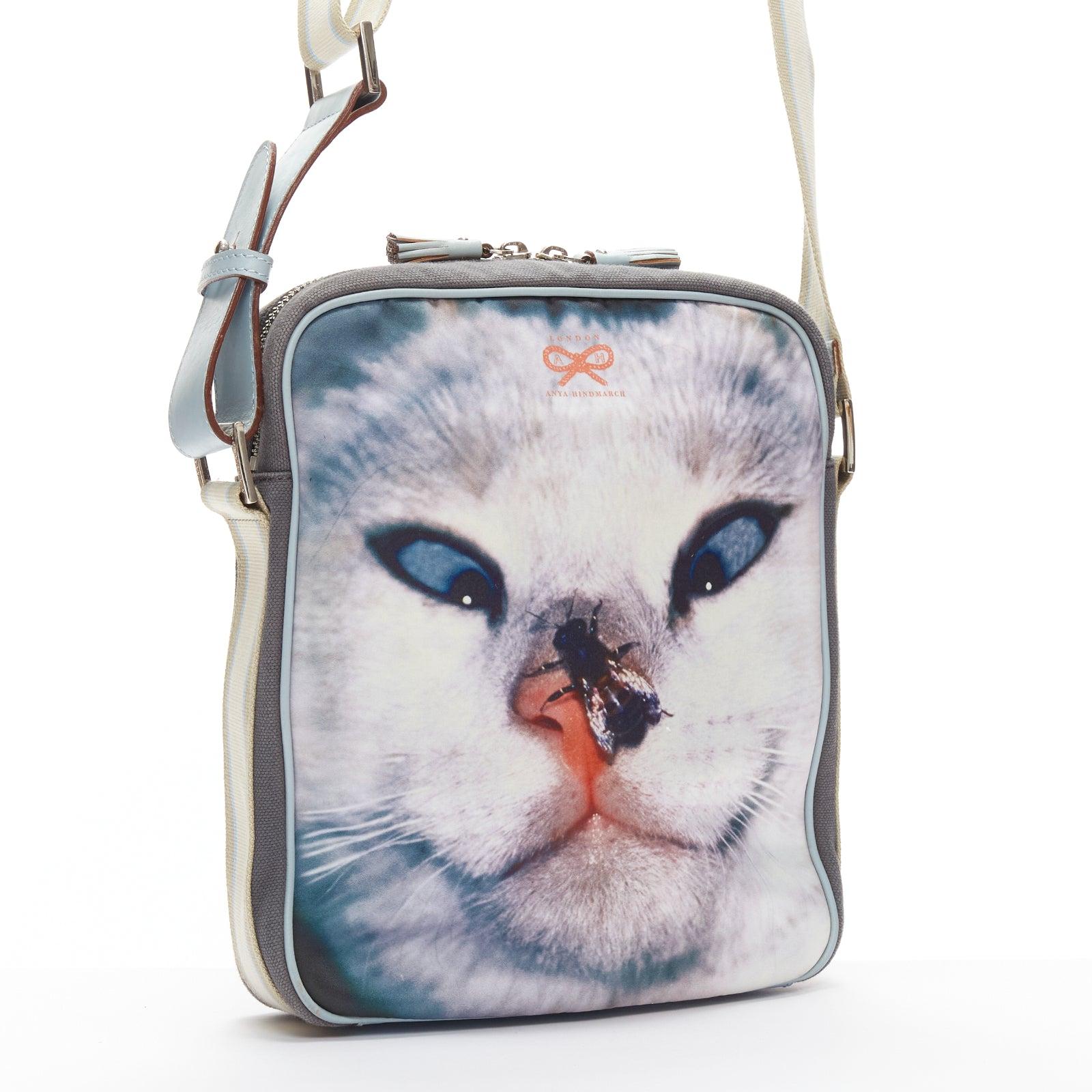 ANYA HINDMARCH blue cross eyed cat fly crossbody messenger bag In Good Condition In Hong Kong, NT