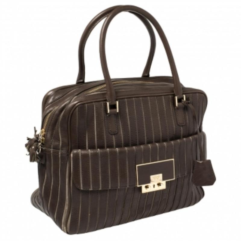 Anya Hindmarch Brown/Grey Leather And Suede Bowling Bag In Fair Condition For Sale In Dubai, Al Qouz 2