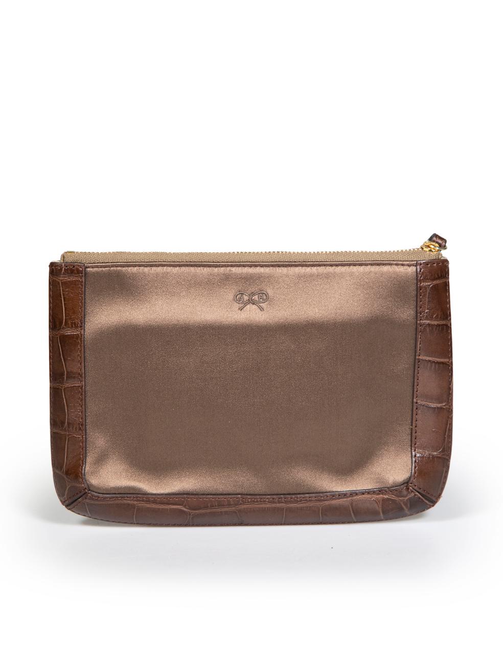 Anya Hindmarch Brown Satin Crocodile Trim Clutch In Excellent Condition For Sale In London, GB