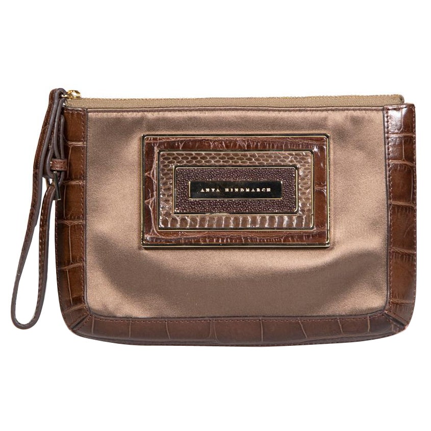 Anya Hindmarch Brown Satin Crocodile Trim Clutch