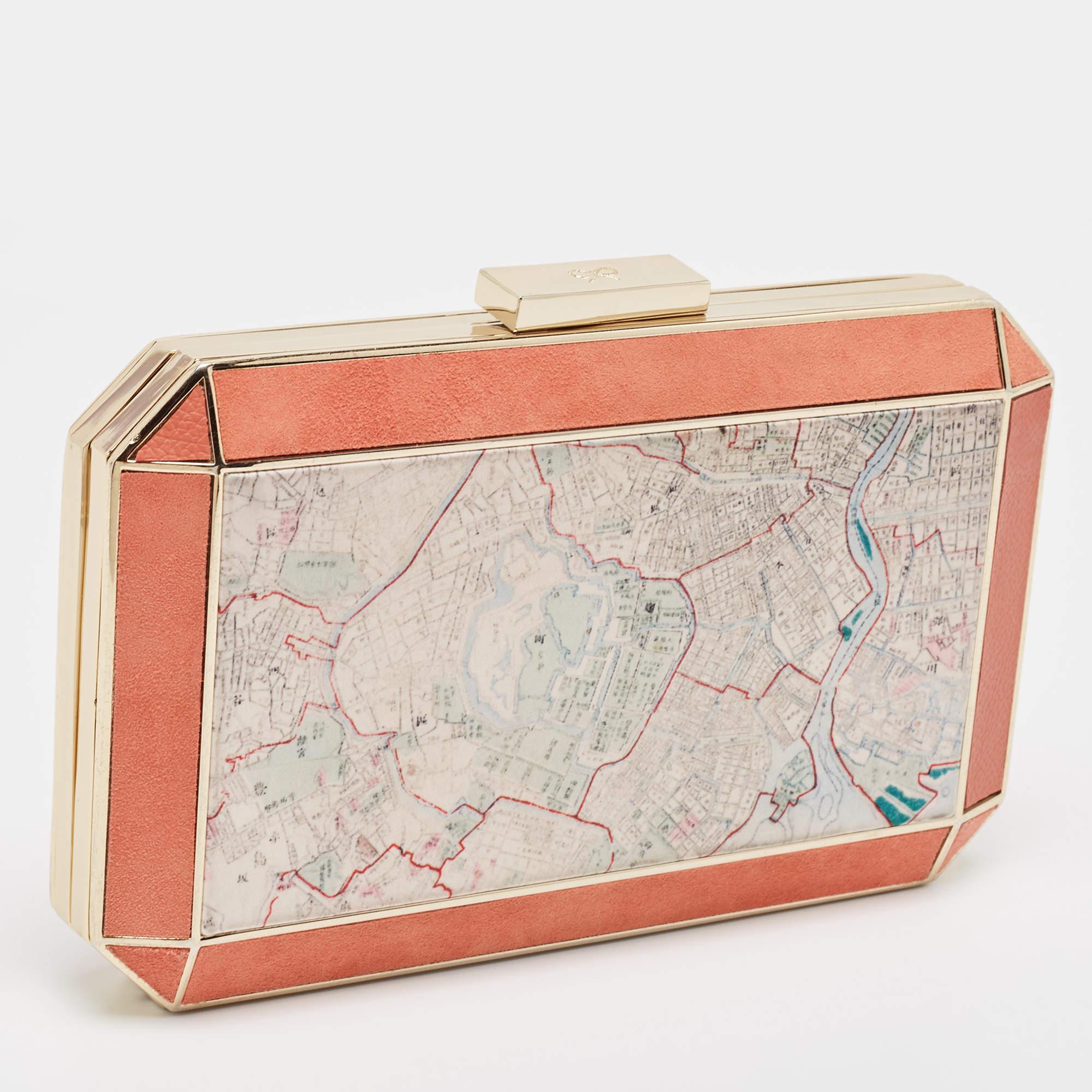 Beige Anya Hindmarch Coral Orange Map Fabric and Suede Duke Box Clutch