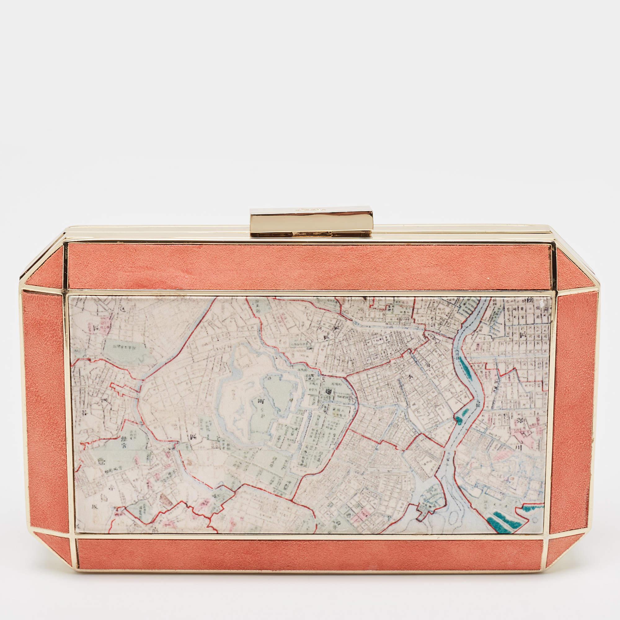 Anya Hindmarch Coral Orange Map Fabric and Suede Duke Box Clutch In Good Condition In Dubai, Al Qouz 2