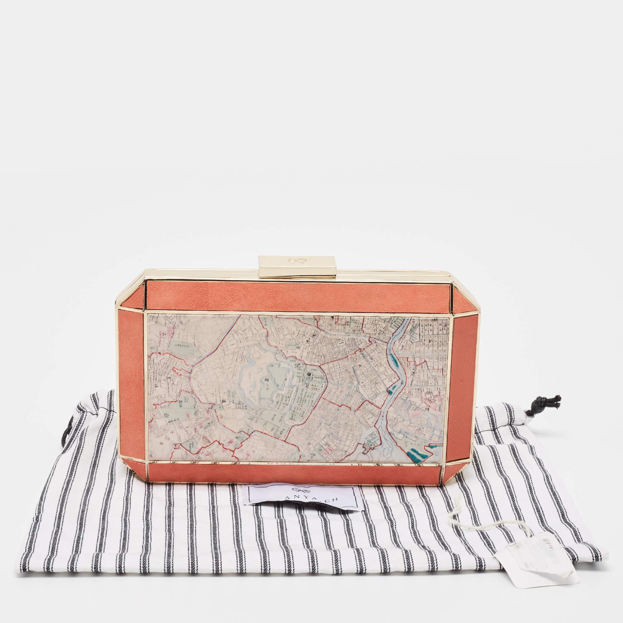 Women's Anya Hindmarch Coral Orange Map Fabric and Suede Duke Box Clutch