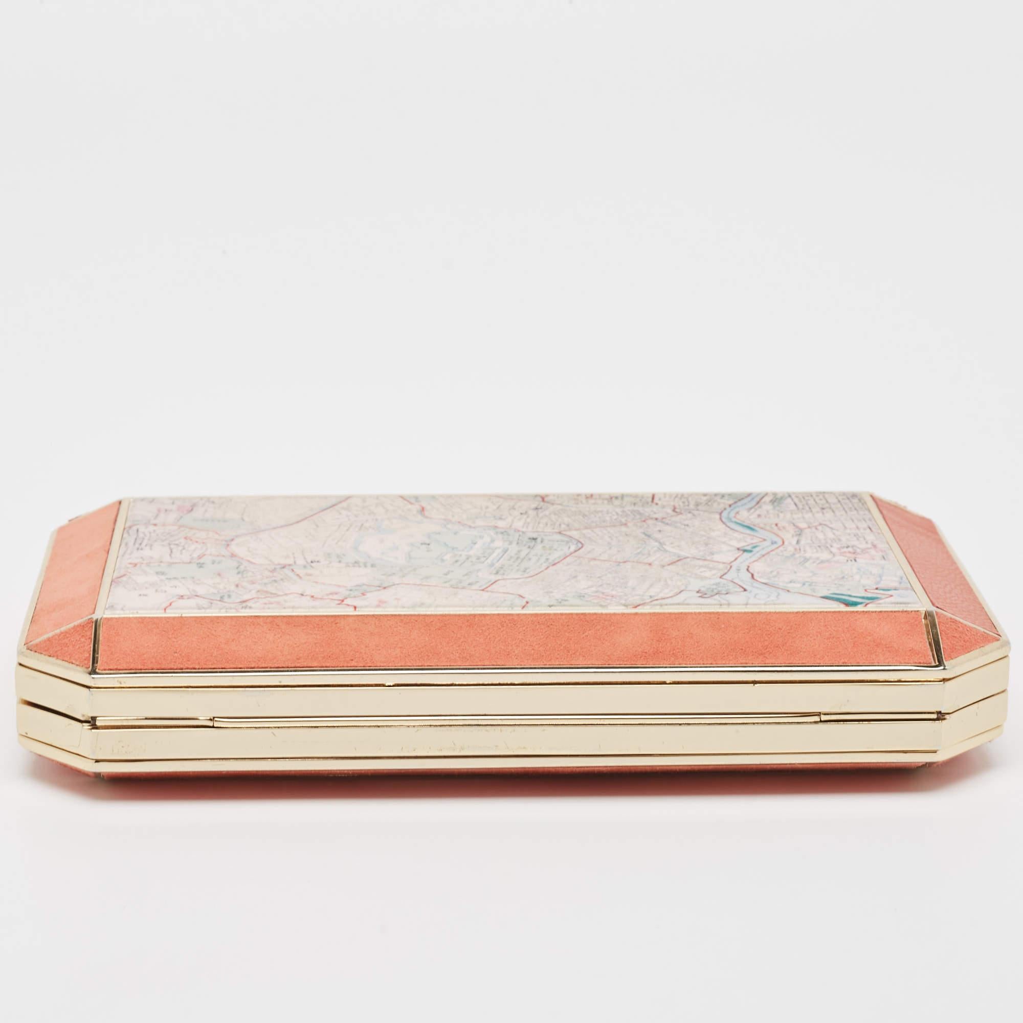 Anya Hindmarch Coral Orange Map Fabric and Suede Duke Box Clutch 2