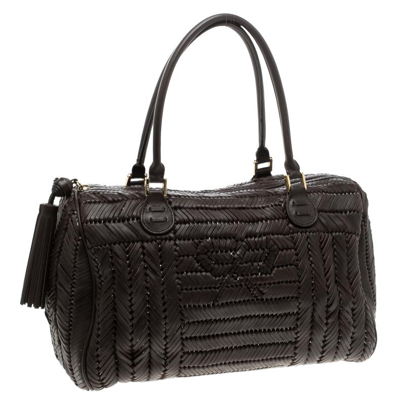 Anya Hindmarch Dark Brown Braided Leather Sydney Bag In Excellent Condition In Dubai, Al Qouz 2