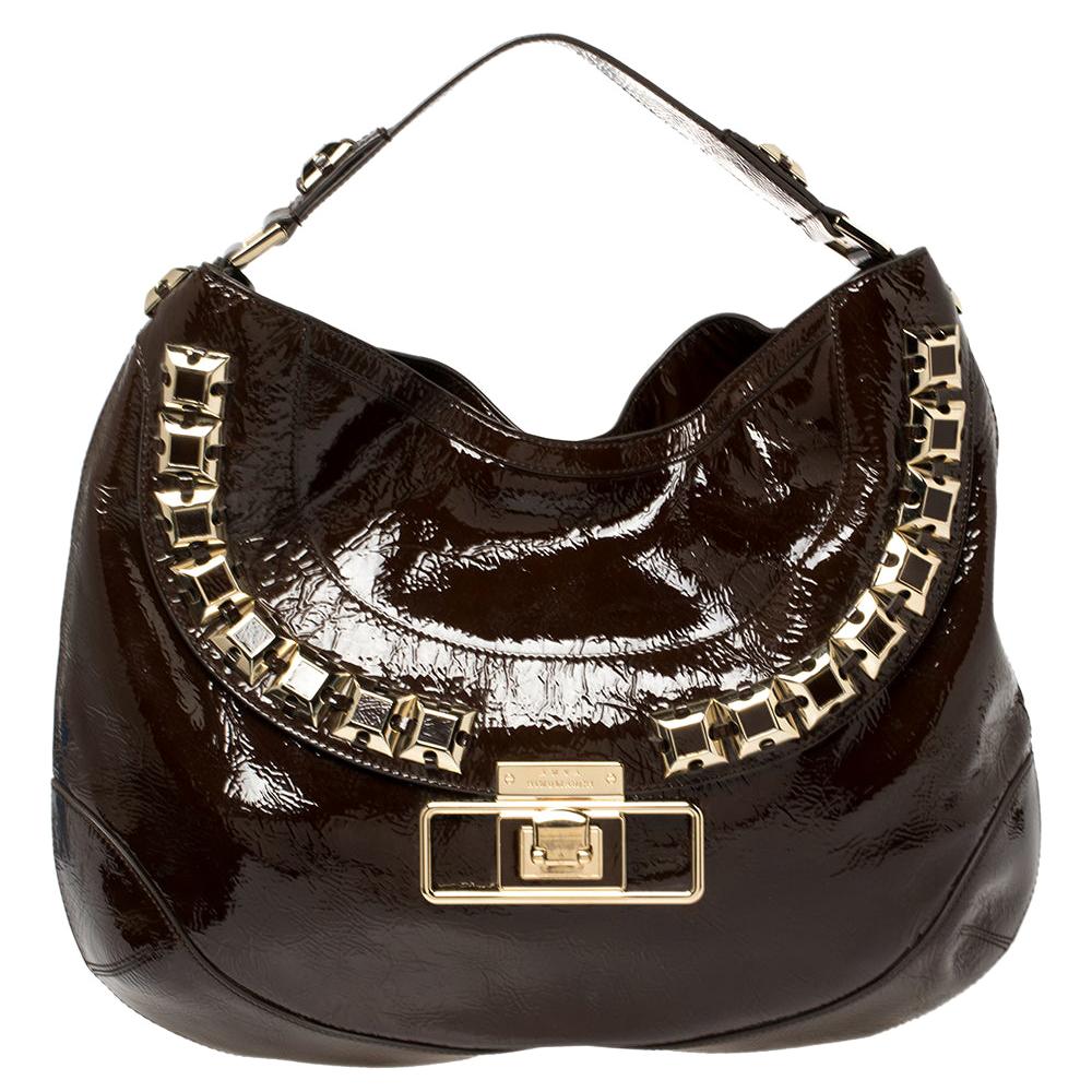 Anya Hindmarch Dark Brown Patent Leather Studded Hobo For Sale