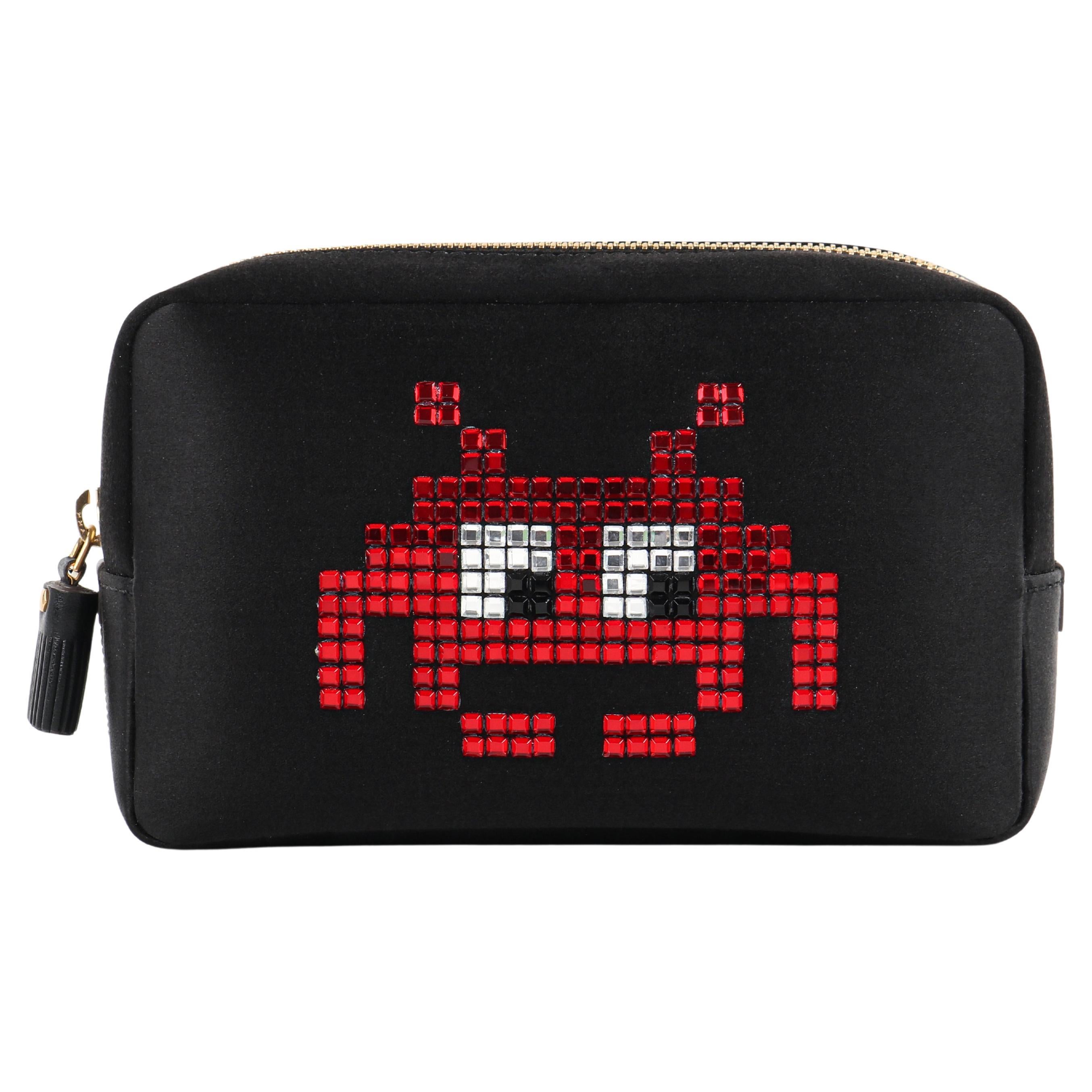 ANYA HINDMARCH F/W 2016 "Space Invasion" Black Red Embellished Cosmetic Bag NWT For Sale