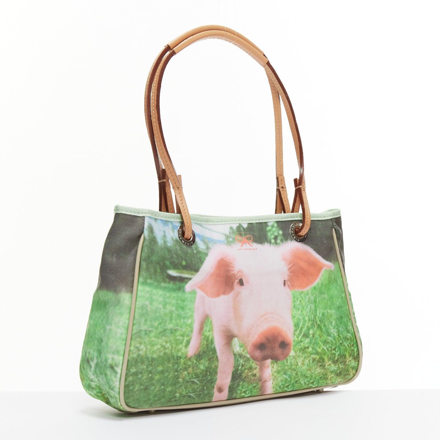ANYA HINDMARCH green pink Piglet print leather handle small tote bag In Good Condition For Sale In Hong Kong, NT