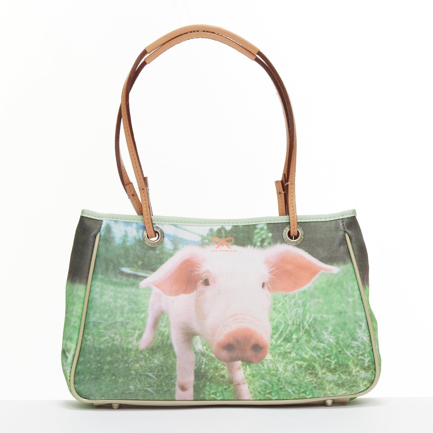 ANYA HINDMARCH green pink Piglet print leather handle small tote bag For Sale 1