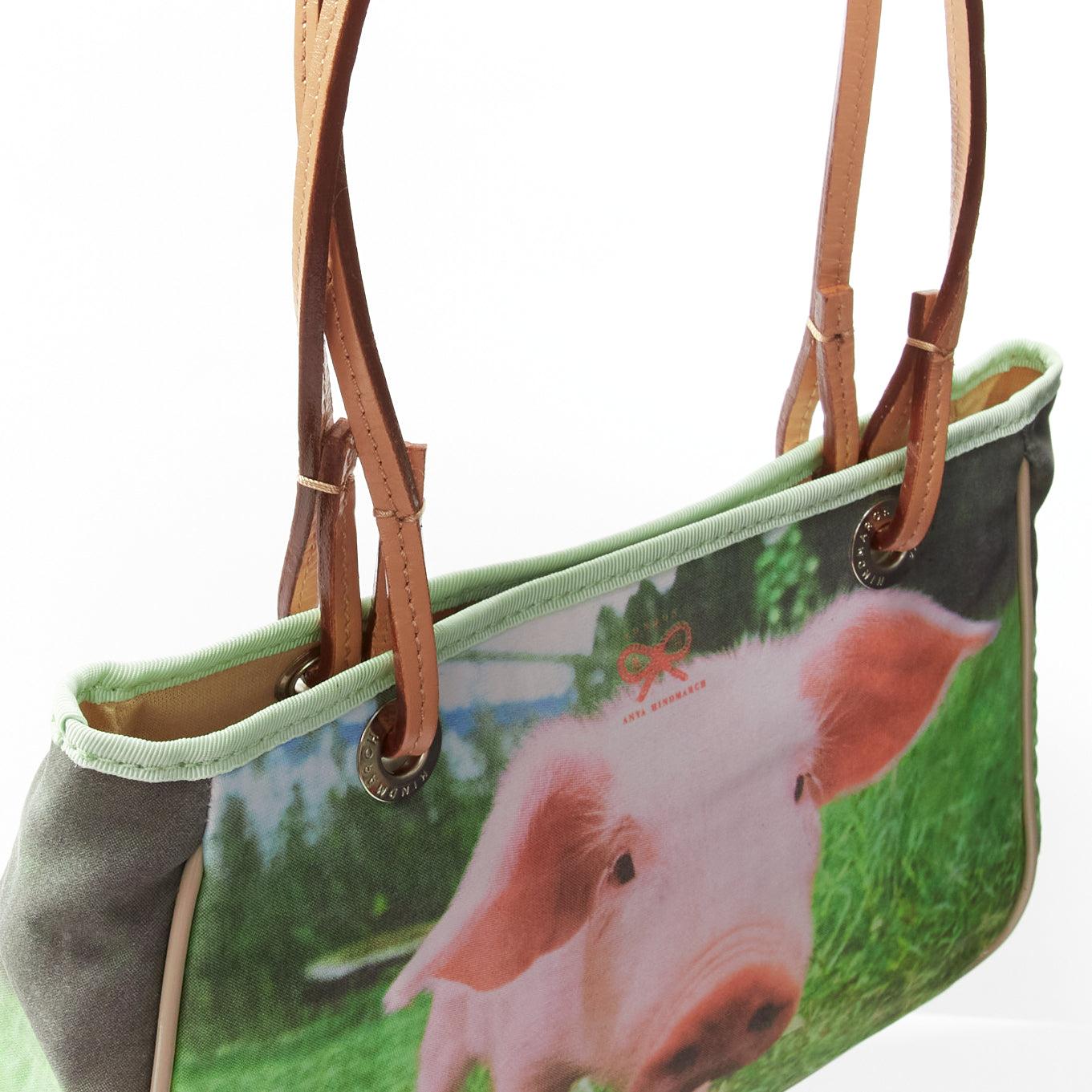 ANYA HINDMARCH green pink Piglet print leather handle small tote bag 4