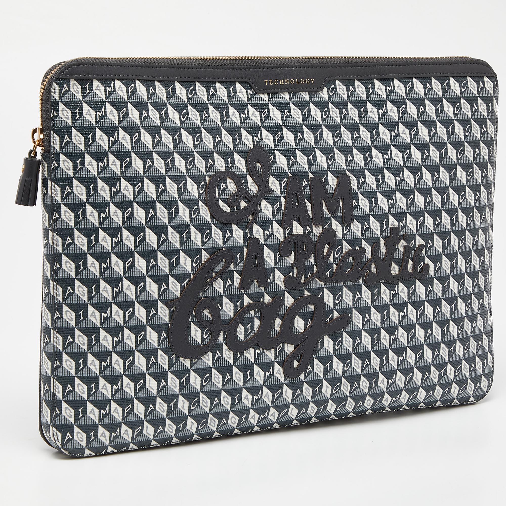 Anya Hindmarch Grey/Black Coated Canvas 'I AM A PLASTIC BAG