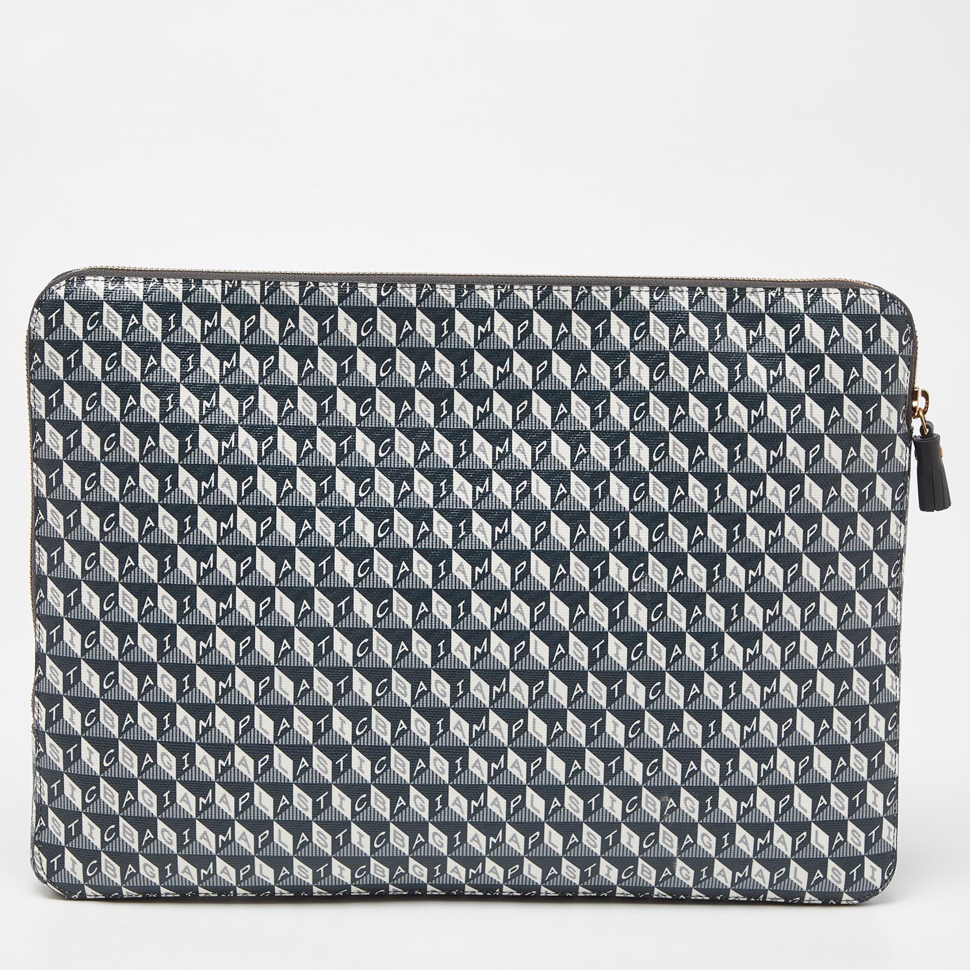 Women's Anya Hindmarch Grey/Black Coated Canvas 'I AM A PLASTIC BAG