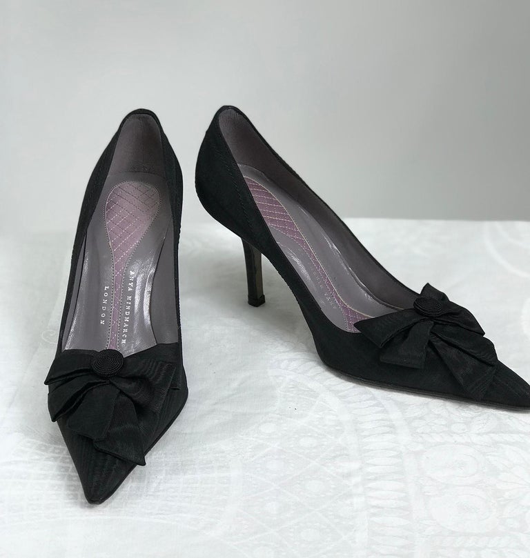 Anya Hindmarch Jose Black Moire Bow Front High Heel Pumps 36 1/2 For Sale at 1stDibs black