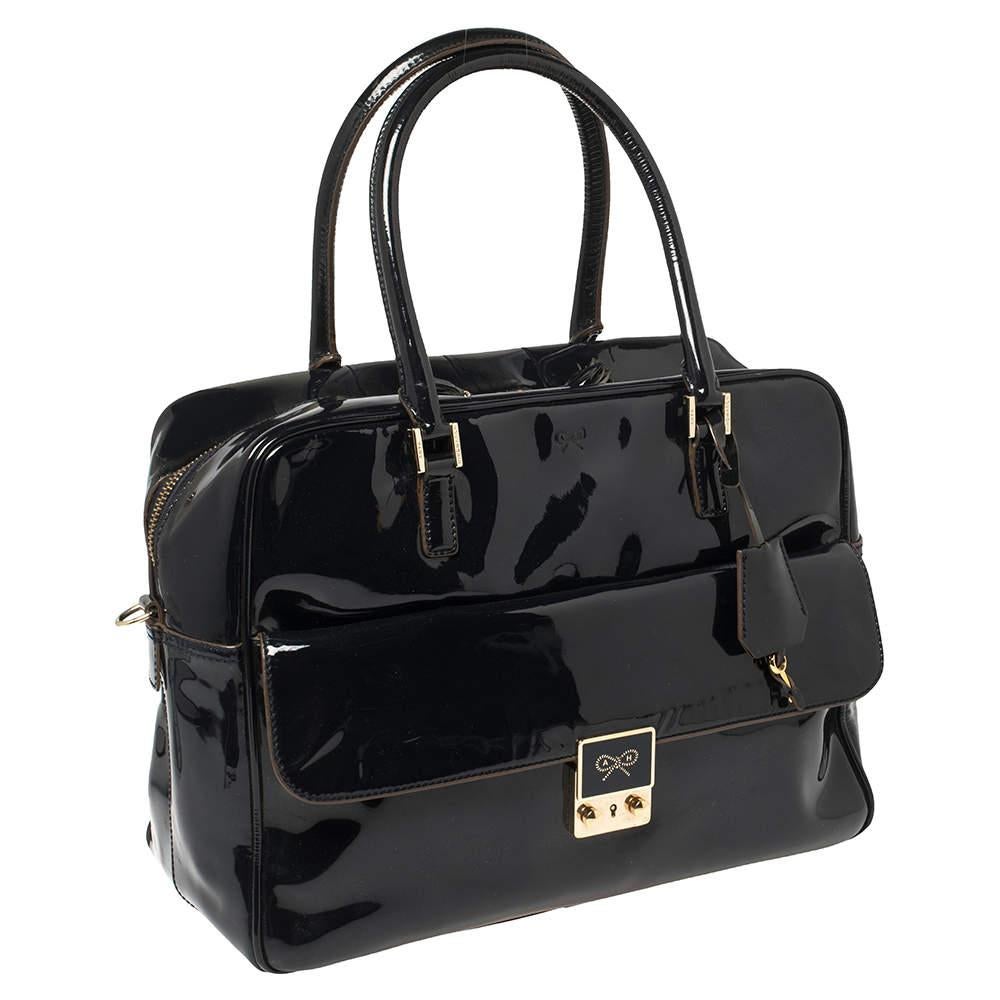 Black Anya Hindmarch Navy Blue Patent Leather Carker Satchel