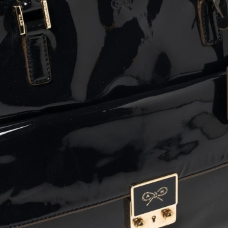 Black Anya Hindmarch Navy Blue Patent Leather Carker Satchel For Sale