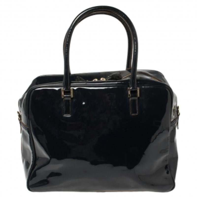 Anya Hindmarch Navy Blue Patent Leather Carker Satchel In Fair Condition For Sale In Dubai, Al Qouz 2