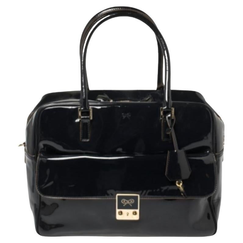 Anya Hindmarch Navy Blue Patent Leather Carker Satchel For Sale