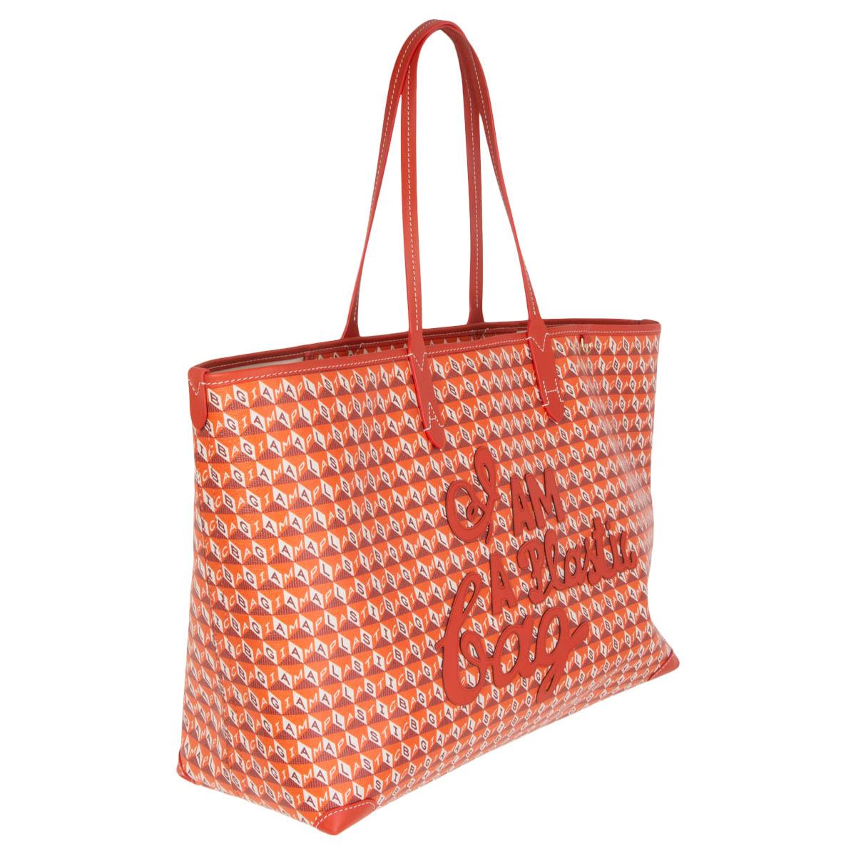 100% authentic Anya Hindmarch 'I Am A Plastic Bag' tote bag made from white, orange and burgundy coated-canvas sourced from 32 half-liter bottles found in landfills. The handles and hand-cut appliqués on this large tote meet the standards of a