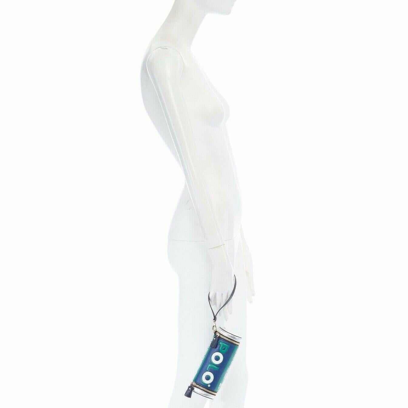 ANYA HINDMARCH Polo blue green silver leather dual zip wristlet clutch bag

ANYA HINDMARCH
The British designer Anya Hindmarch shows off her playful side with the 'Polo' clutch. The leather style is made to resemble a roll of Polo mints - complete