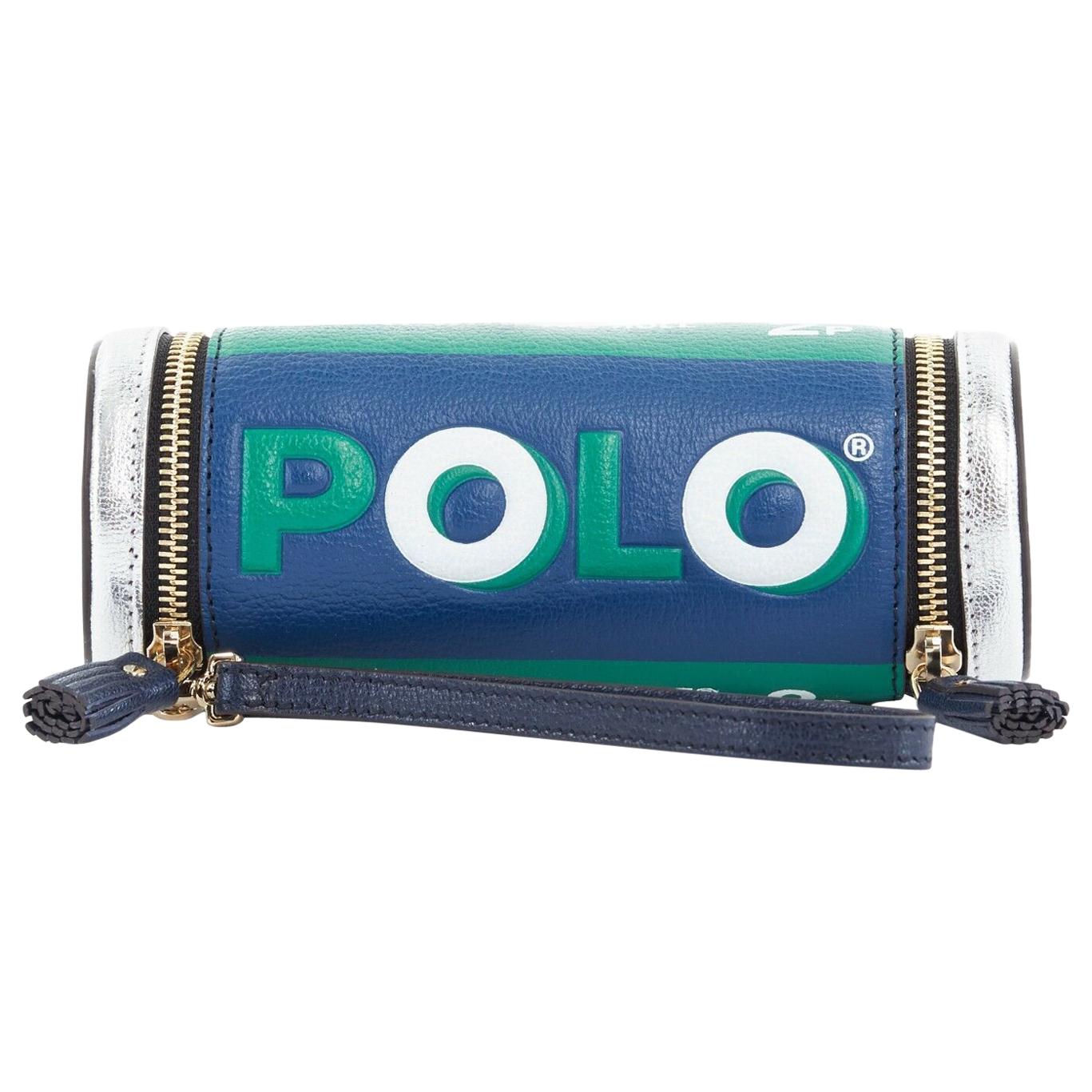 ANYA HINDMARCH Polo blue green silver leather dual zip wristlet clutch bag
