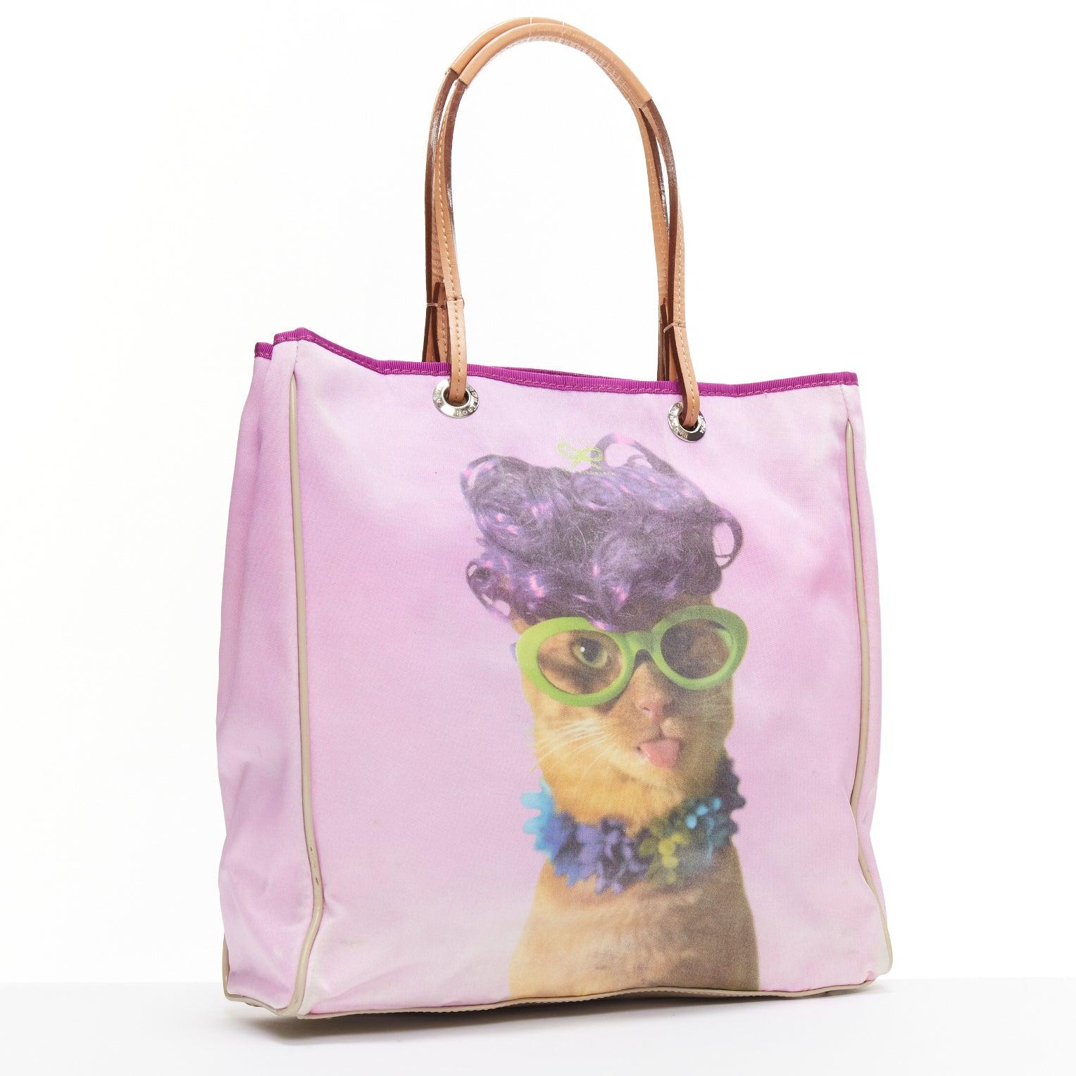 ANYA HINDMARCH purple wig cat print canvas tote bag In Fair Condition In Hong Kong, NT