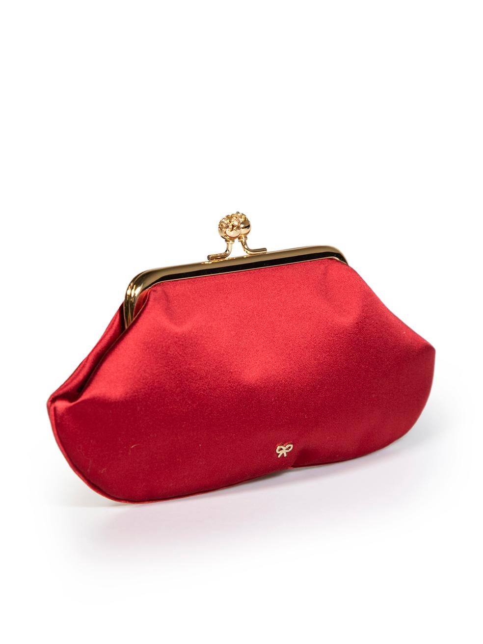 CONDITION is Very good. Hardly any visible wear to pouch is evident on this used Anya Hindmarch designer resale item.
 
 
 
 Details
 
 
 Red
 
 Satin
 
 Mini clutch
 
 Gemstone clasp closure
 
 Gold tone hardware
 
 One main compartment
 
 1x