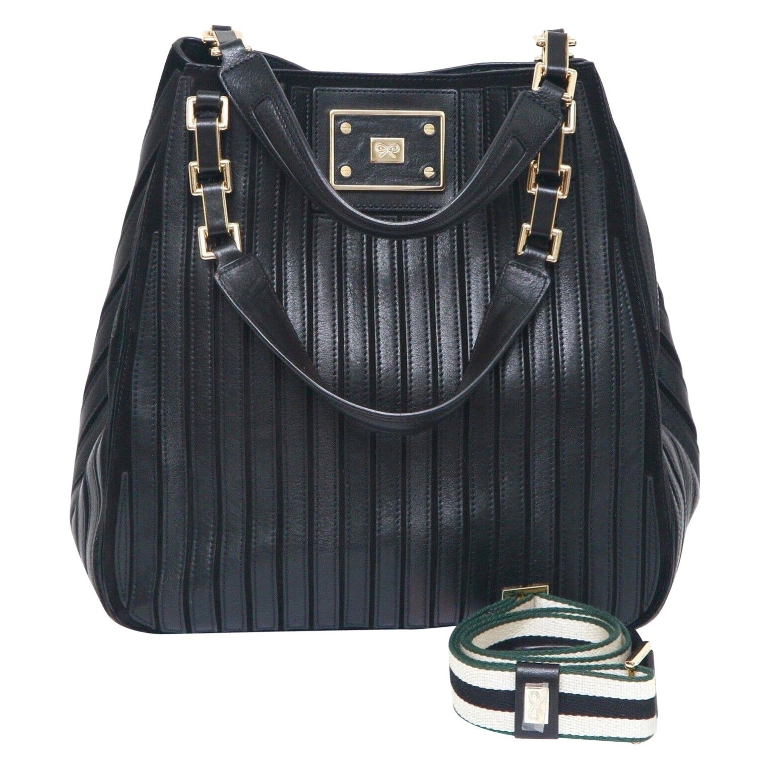 ANYA HINDMARCH Shoulder Bag Black Leather Suede BELVEDERE Hobo Gold Canvas Strap For Sale