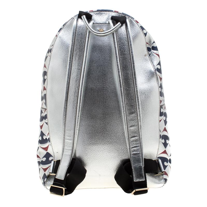 Anya Hindmarch Silver Capra Printed Leather Carrefour Backpack In Good Condition For Sale In Dubai, Al Qouz 2