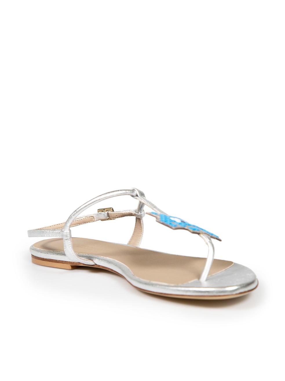 CONDITION is Very Good. Hardly any visible wear to sandals is evident. Some marks and indents are seen to both soles due to poor storage on this Anya Hindmarch designer resale item.
 
 
 
 Details
 
 
 Silver metallic
 
 Leather
 
 Sandals
 
 Thong