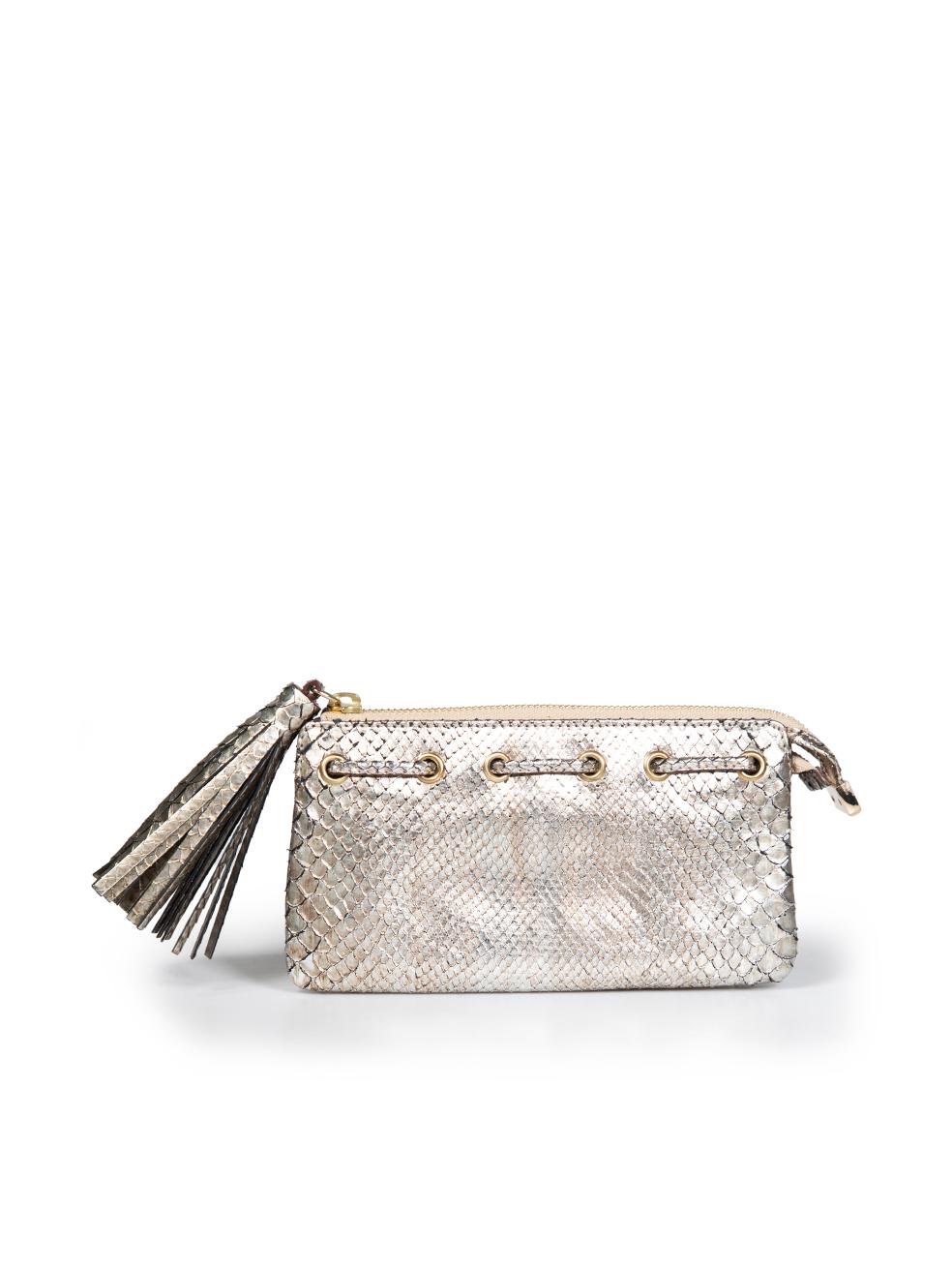 Anya Hindmarch Silver Metallic Tassel Python Leather Wallet In Excellent Condition For Sale In London, GB
