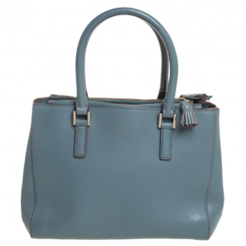 Gray Anya Hindmarch Stone Blue Leather Double Zip Tote For Sale