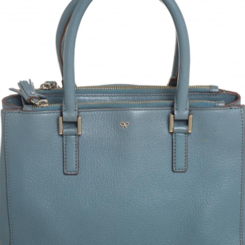 Anya Hindmarch Stone Blue Leather Double Zip Tote For Sale 2