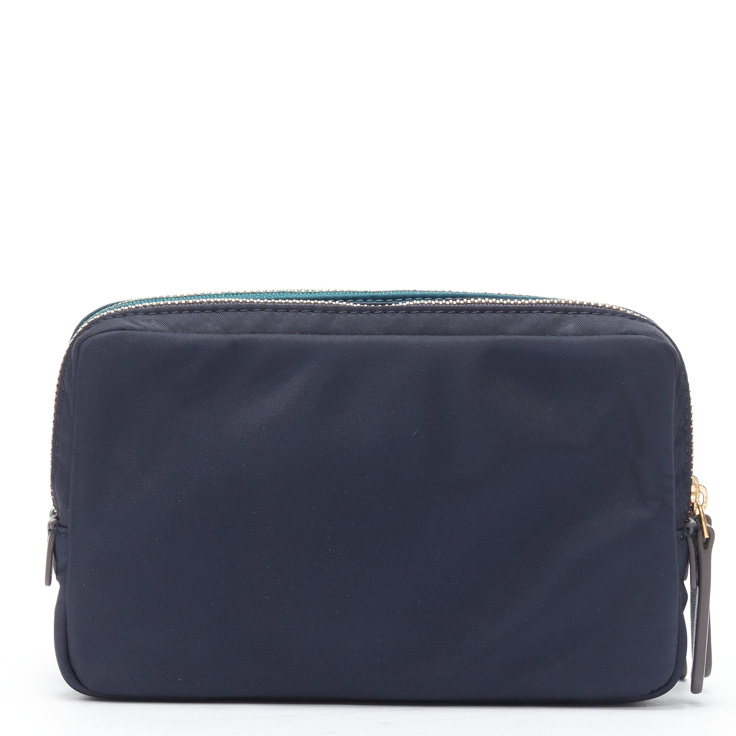 Blue ANYA HINDMARCH Triple Zip blue teal navy nylon make up pouch bag clutch