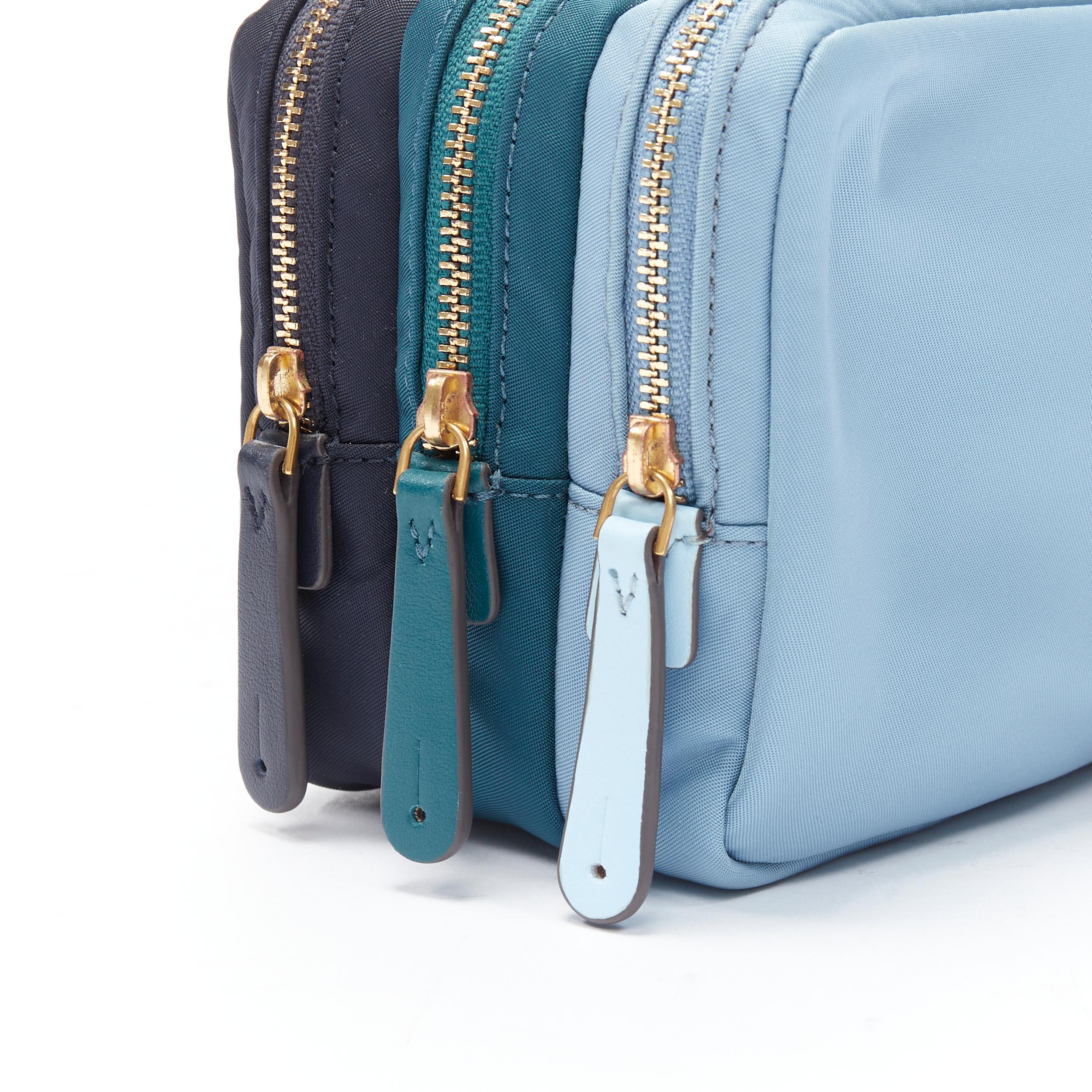 Women's ANYA HINDMARCH Triple Zip blue teal navy nylon make up pouch bag clutch