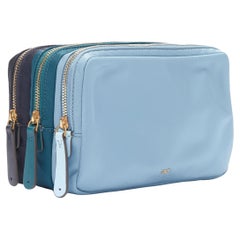 ANYA HINDMARCH Triple Zip blue teal navy nylon make up pouch bag clutch