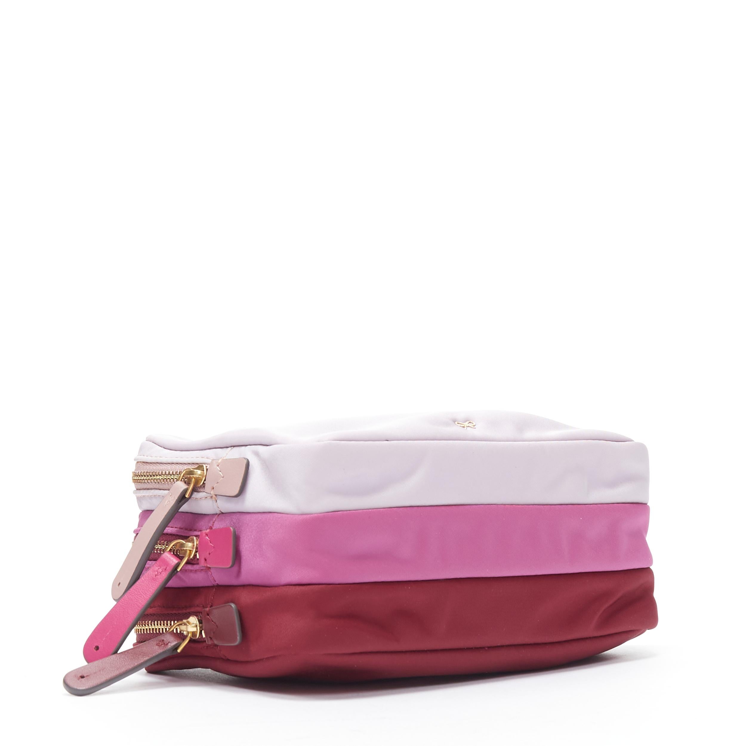 Red ANYA HINDMARCH Triple Zip burgundy pink nylon make up pouch bag clutch