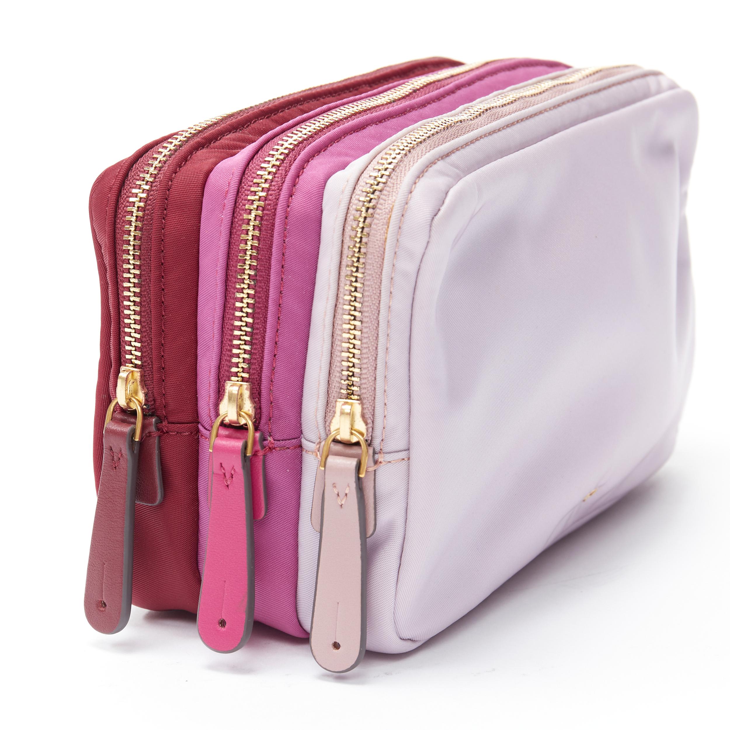 Women's ANYA HINDMARCH Triple Zip burgundy pink nylon make up pouch bag clutch