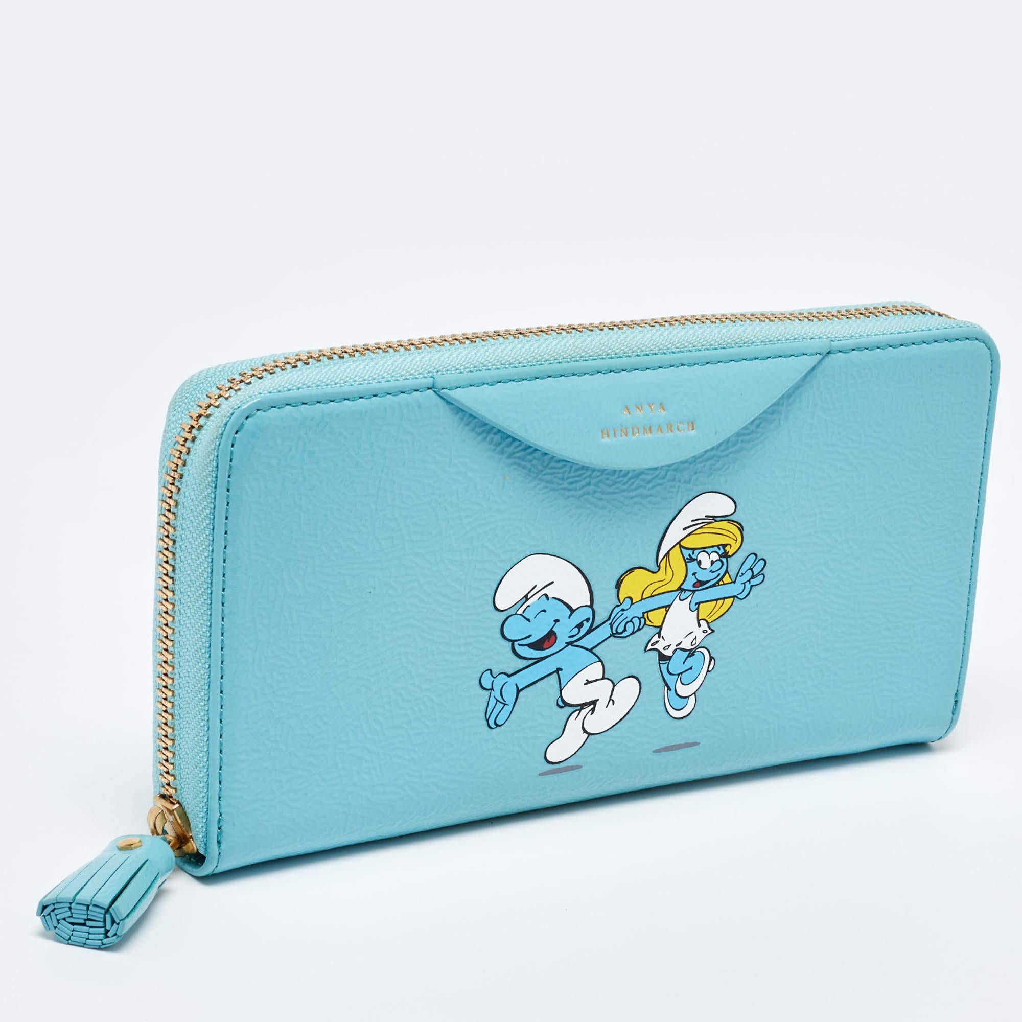 Anya Hindmarch Cartera con cremallera de los Pitufos en charol azul turquesa en Bueno estado para la venta en Dubai, Al Qouz 2