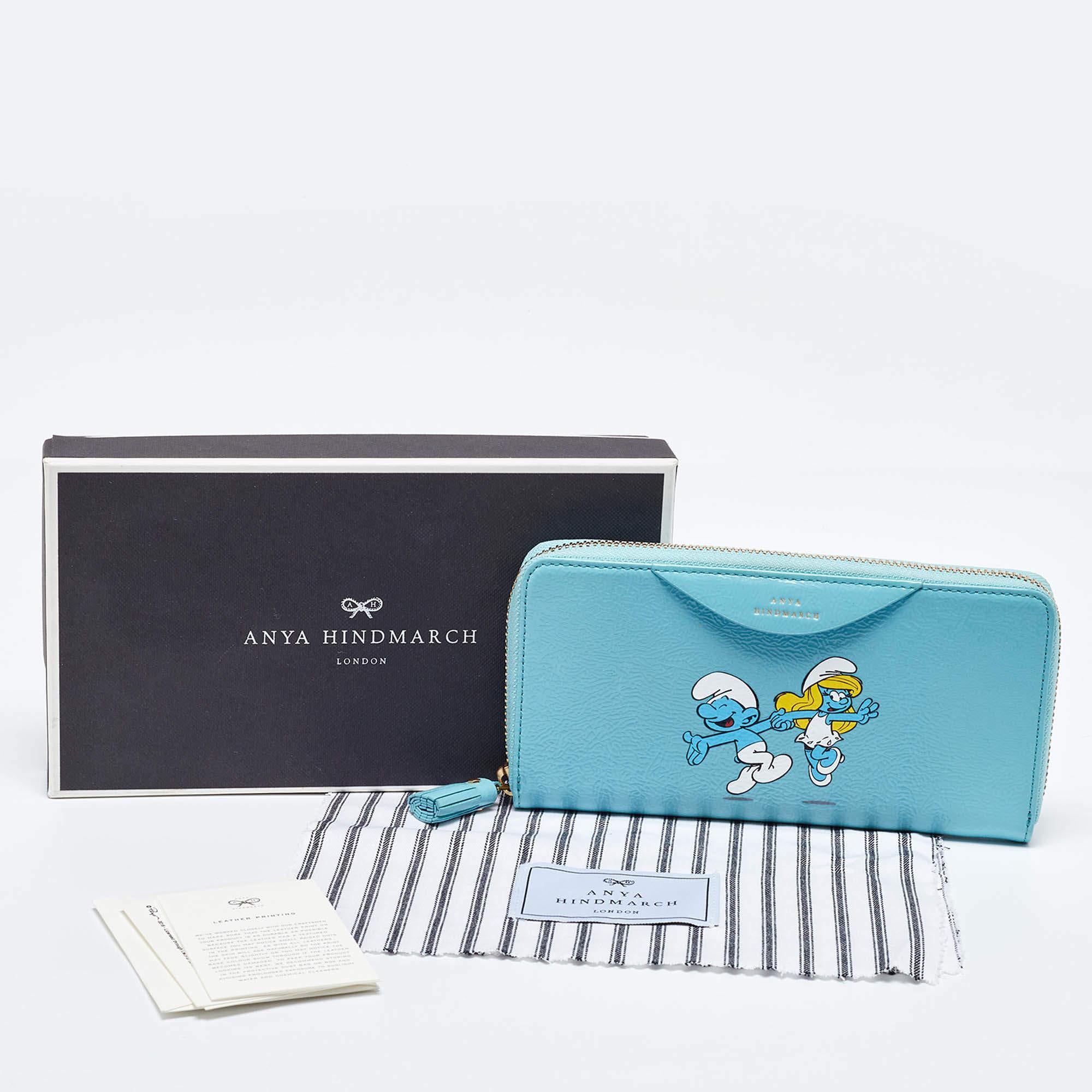 Anya Hindmarch Cartera con cremallera de los Pitufos en charol azul turquesa en venta 3