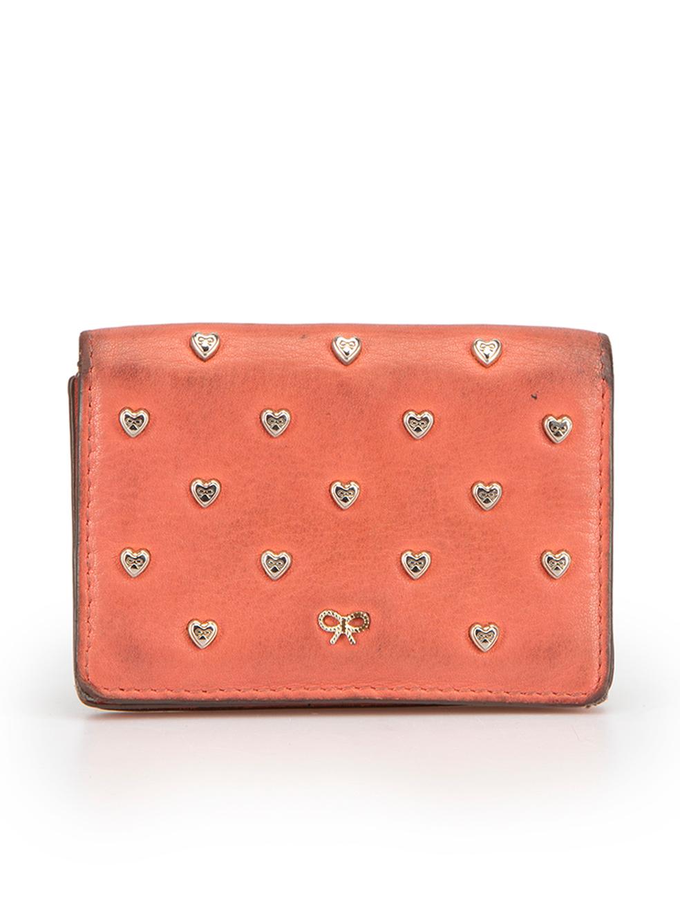 Anya Hindmarch Women's Coral Leather Joss Heart Studded Card Case In Good Condition For Sale In London, GB