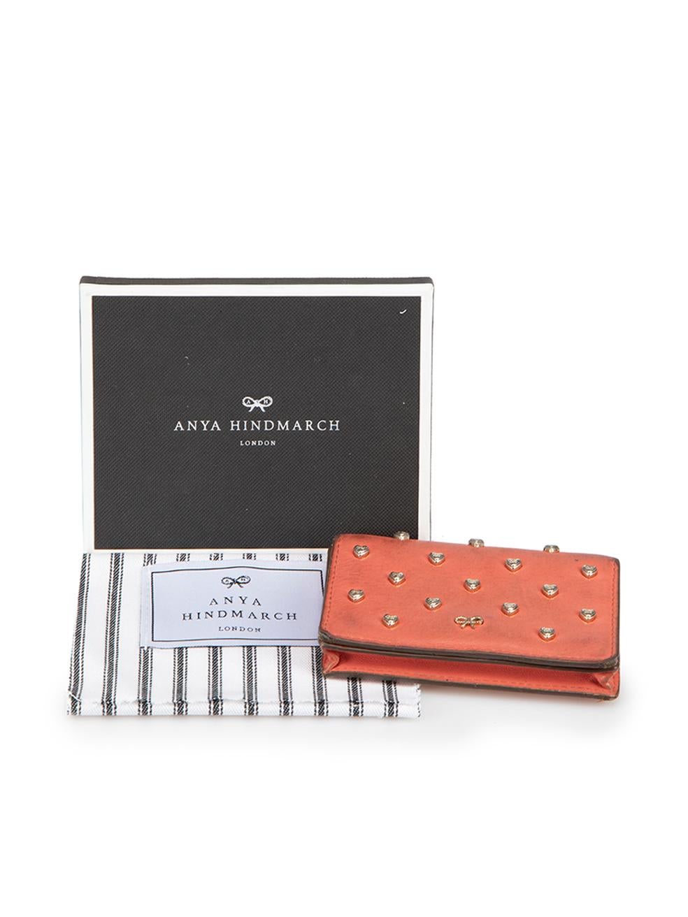 Anya Hindmarch Women's Coral Leather Joss Heart Studded Card Case For Sale 4
