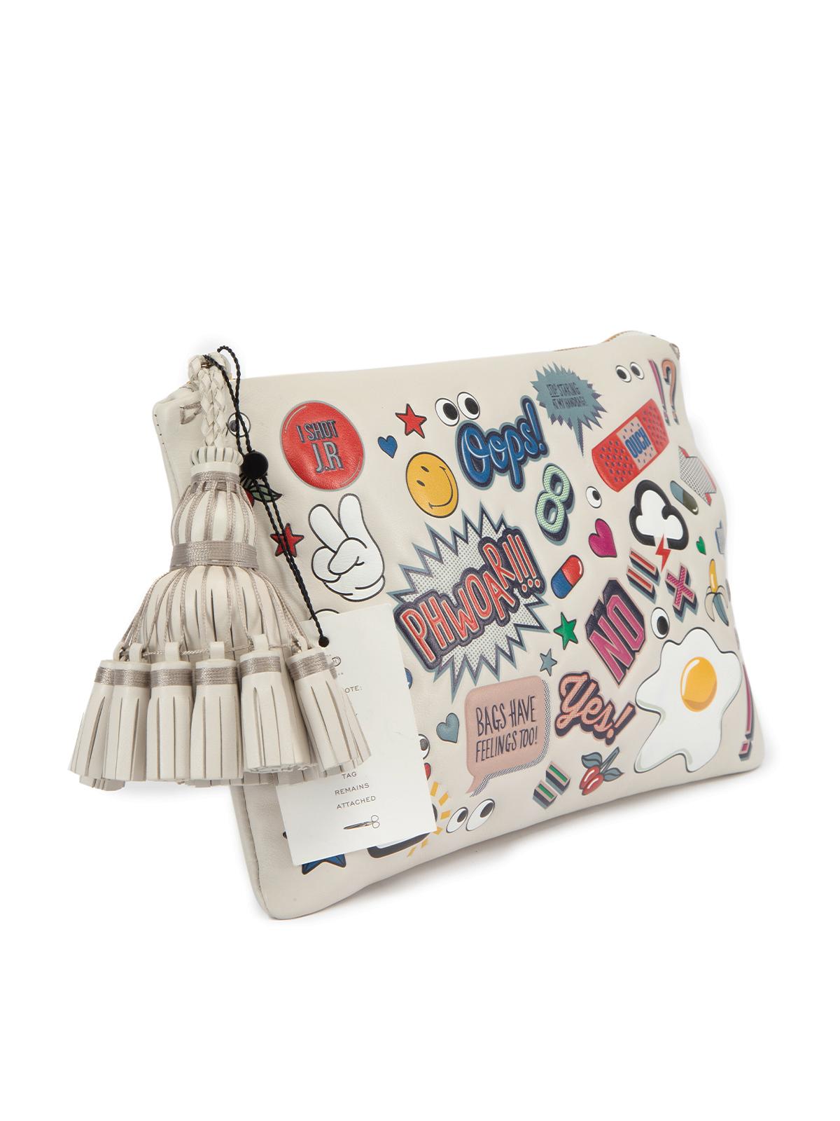 CONDITION is Never worn with tags. No visible wear to bag is evident on this new Anya Hindmarch designer resale item. This item comes with original box and dust bag. Details Cream Leather Clutch Zip fastening Braided tassels zipper pull Graphic